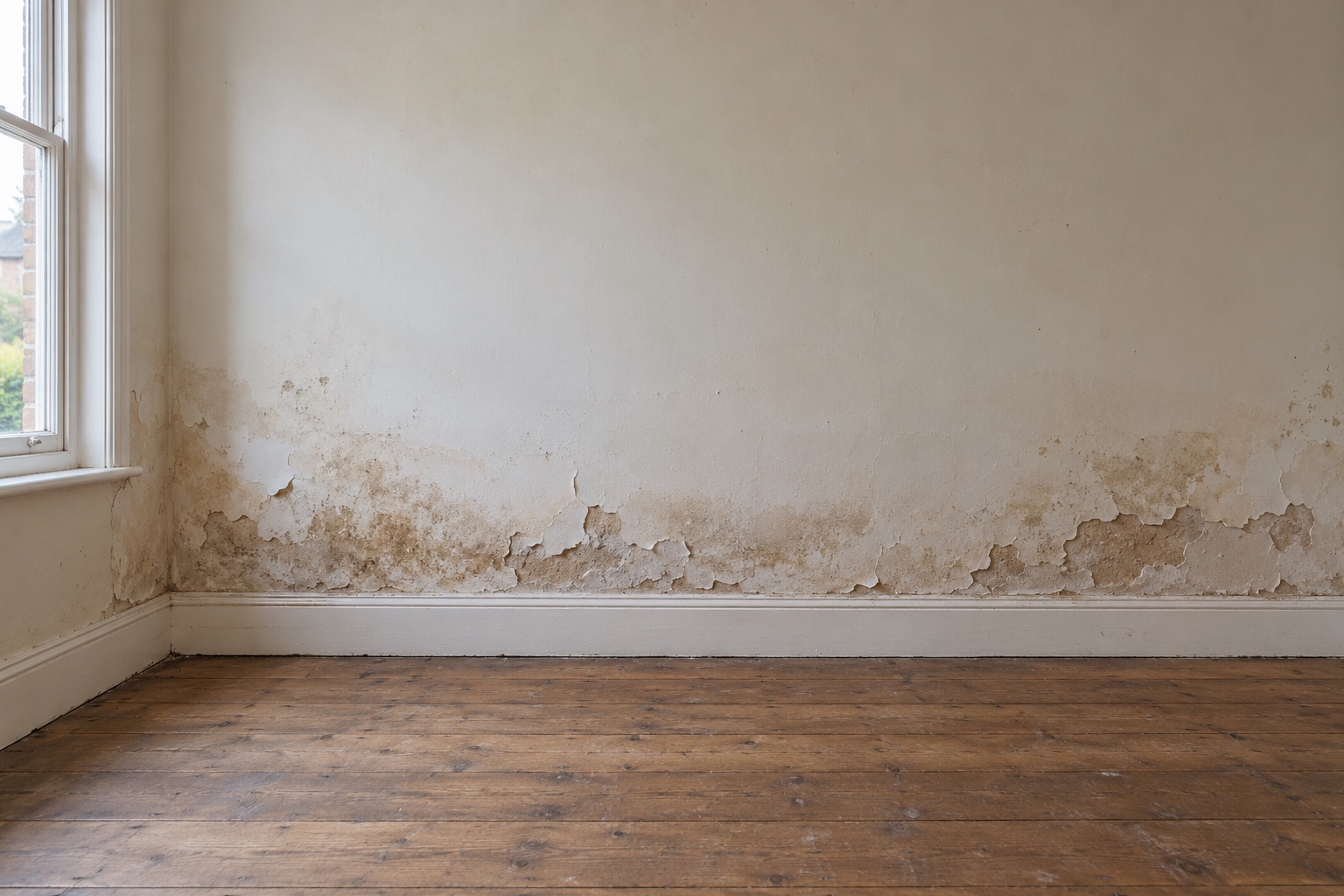 Tide marks, flaking paint and damaged plaster above the skirting in a UK terraced home