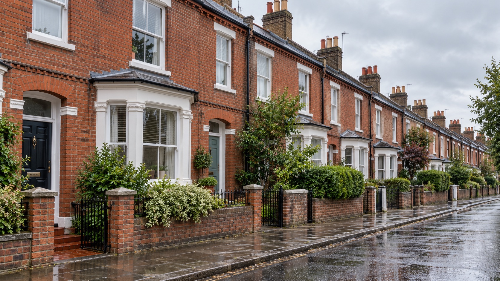 A row of Victorian red-brick terraced houses on a UK street after rain, in soft overcast light